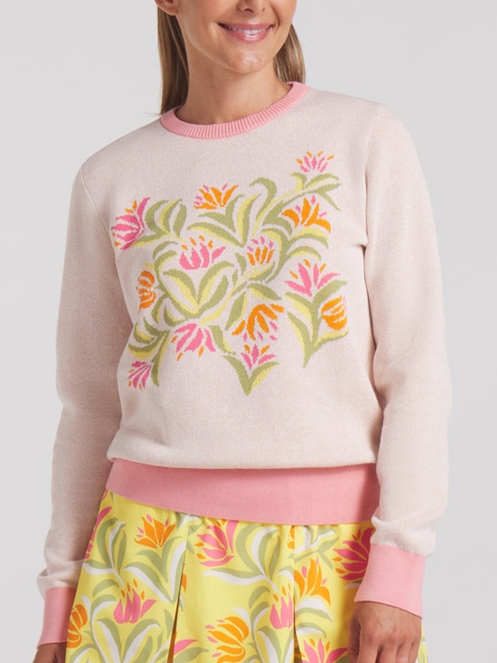 PUMA Floral Knit Crewneck Sweater in Pink and Cream